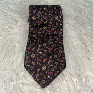 LANCEL PARIS 100% Silk Tie Floral Hunting Deer Print Burgundy Gray Mustard Black